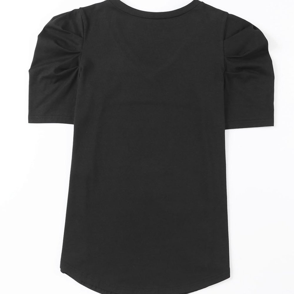 Black Puff Sleeve Casual V Neck T-Shirt - Picture 5 of 11